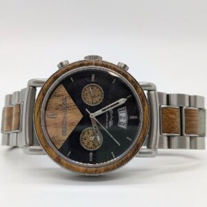 Wood and Silver Tone Watch with Black Dial